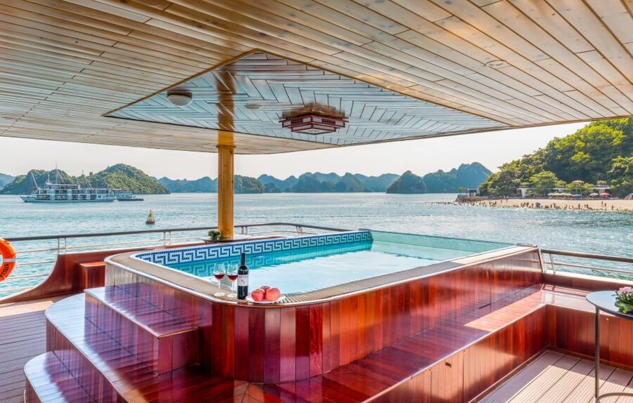From Hanoi: 1-Day Halong 5-Star Cruise w/Jacuzzi & Limousine - The cruise route: Stone Dog, Incense Burner, and Kissing Rocks