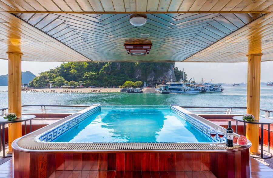 From Hanoi: 1-Day Halong 5-Star Cruise w/Jacuzzi & Limousine - Titop Island: views, swimming, hiking, and jacuzzi option